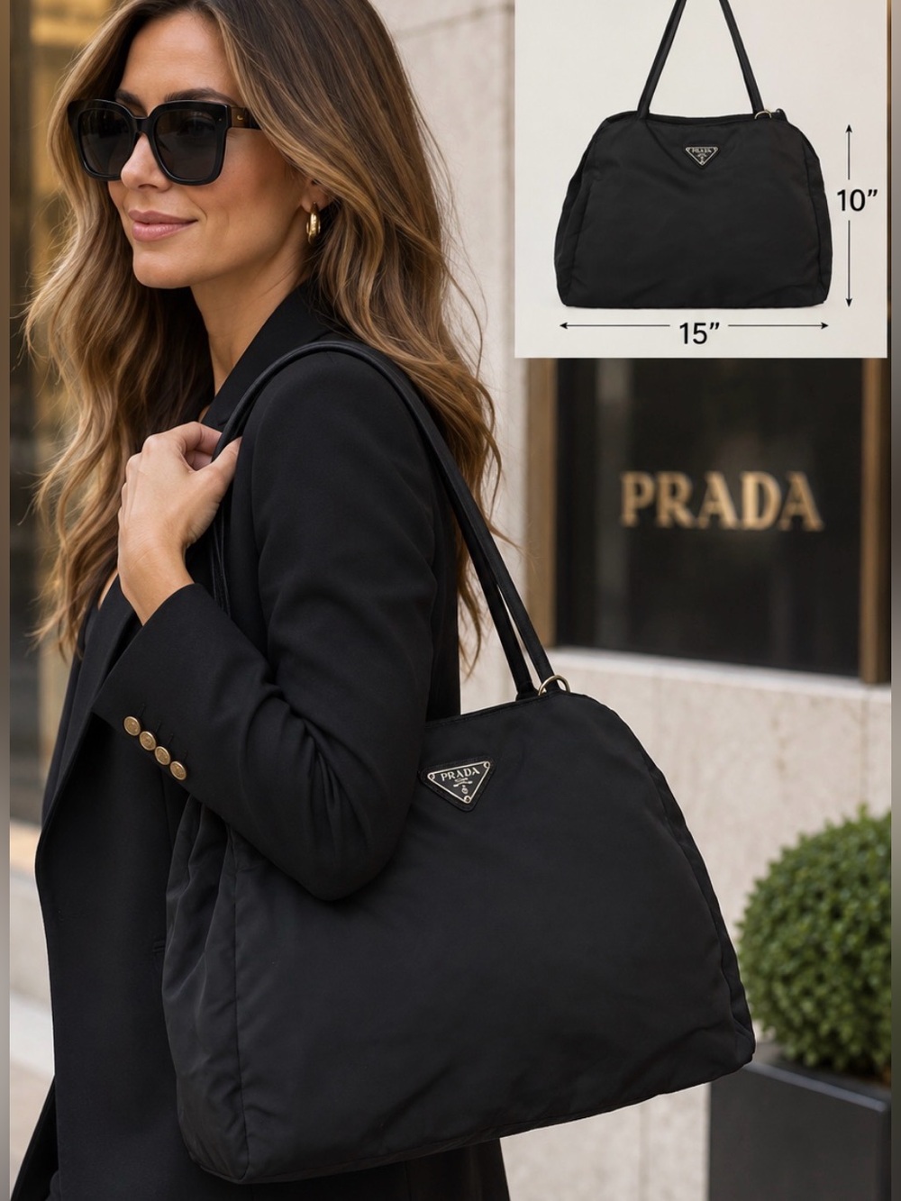 PRADA Tessuto City Tote Shoulder Bag - Black Nylon - Rare 1995